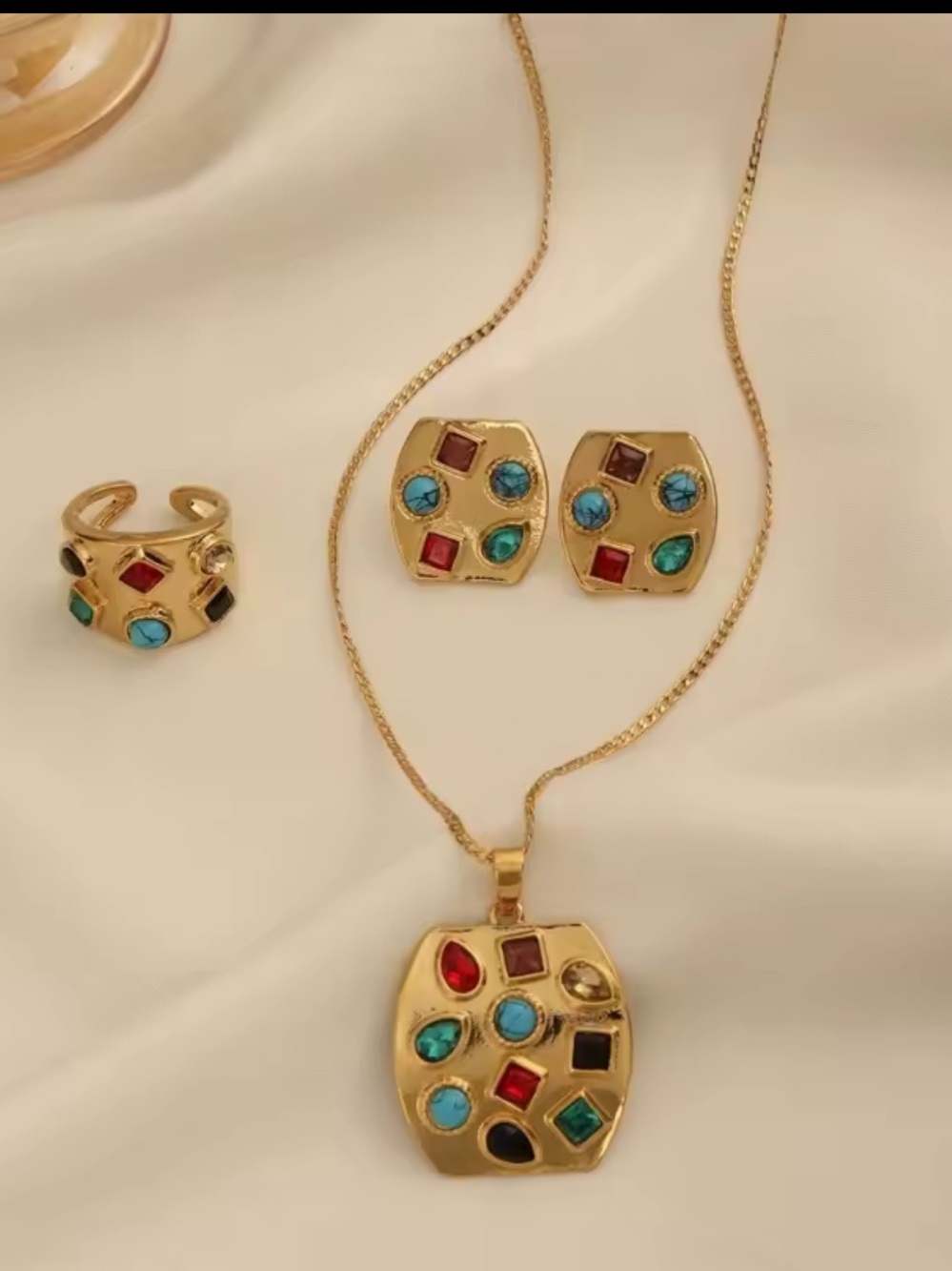 Gold Multicolor Gemstone Necklace & Earring Set